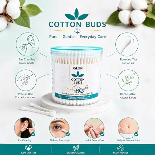 Image of Safety Cotton Ear Cleaning Buds, Pack of 1 (200 Buds), Large Tips for Cleaning Earwax, Makeup Remover for Newborn Babies, 100% Organic Cotton