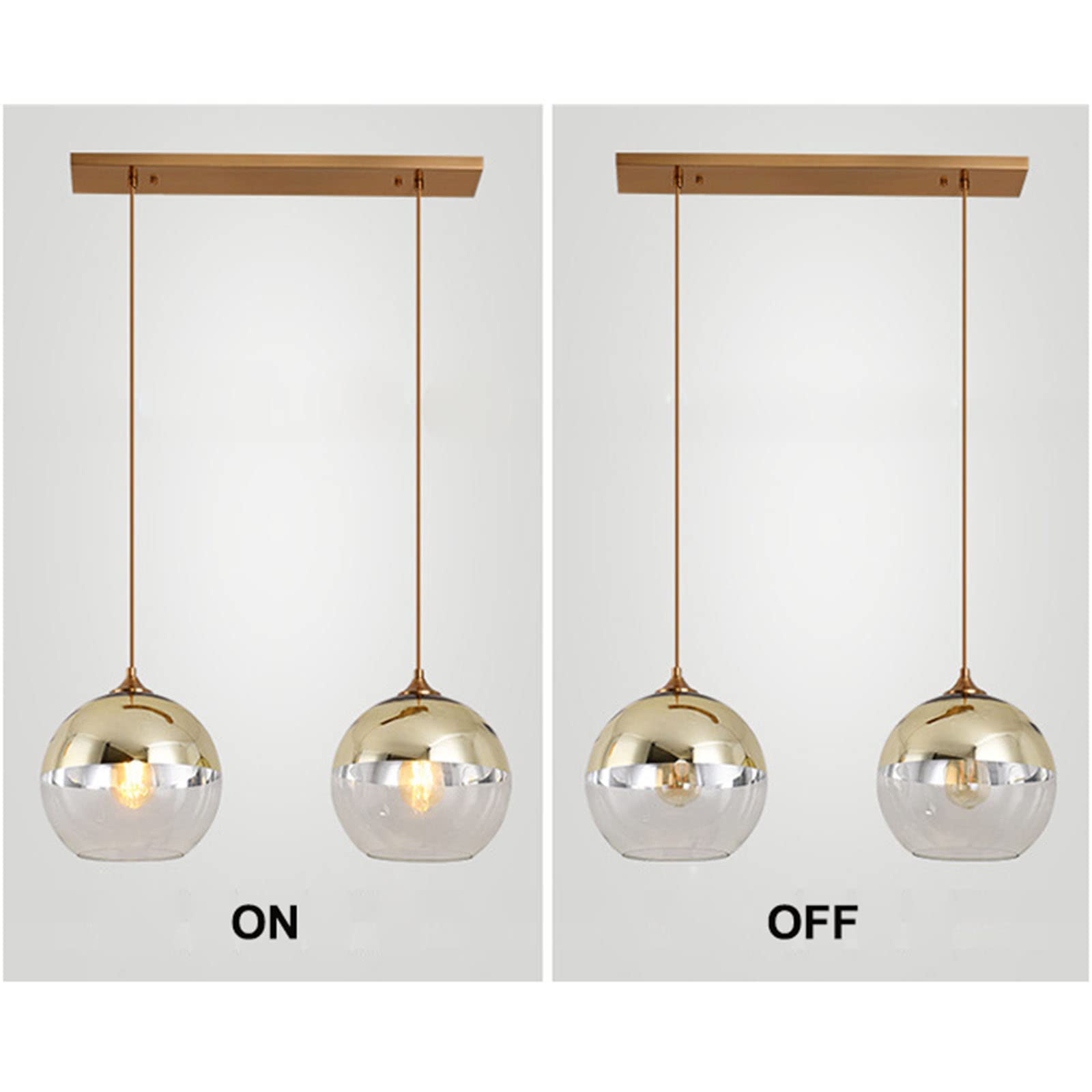 Lampa wisząca z 2 lampkami ze złotym szklanym kloszem, gniazdo E27, lampa wisząca, pojedynczy żyrandol w kształcie kuli do jadalni i wyspy kuchennej