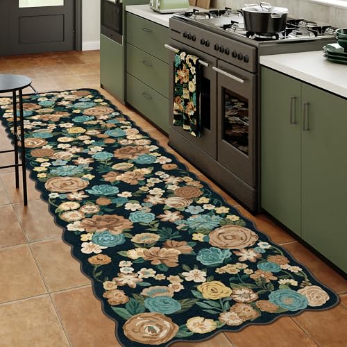 HUGEAR Schwarzer Flur Teppich 60x180cm Blumenmuster Läufer Blumen Boho Neutral Moderner Weich rutschfest Waschbarer Langer Teppiche Schlafzimmer Innen Küche Wohnzimmer Bettvorleger Kurzflor