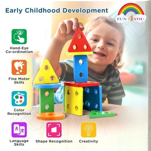 Image of Fun4You Wooden Shape Sorter Toys for Kids 2-4 Years | Montessori Peg Board Blocks Game with Geometric Shapes, Stacking & Counting Puzzle, Educational Wooden Toy, Birthday Gift for 2 Year Boy & Girl