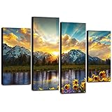 Mountain Canvas Wall Art Sunflower Scenery Wall Decor 4 Pcs, Sunrise Grand Teton Nature Landscape Pi