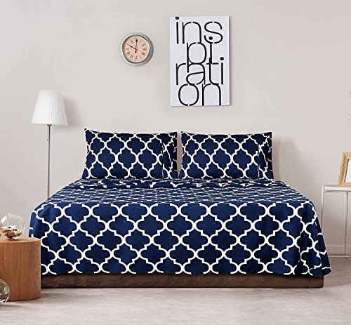 Image of Utopia Bedding Queen Sheet Set, Soft Microfiber 4 Piece Bed Sheets with 15 inch Deep Pocket - Easy Care Brushed Microfiber (Quatrefoil - Navy)