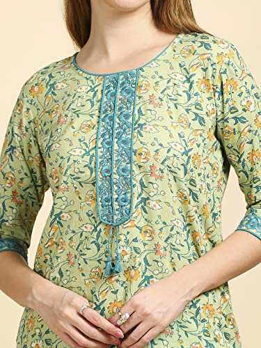 Image of anubhutee Women's Cotton Green Floral Printed Straight Kurta Suit Set With Pants