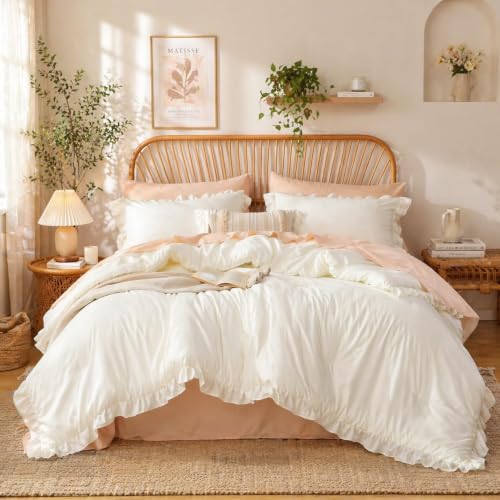 Image of JANZAA Creamy White Comforter Set King - Soft Microfiber, Lightweight All Season Bedding, Ruffle Shabby Chic Aesthetic, Breathable Cozy Bed Set with 2 Pillow Shams, Machine Washable