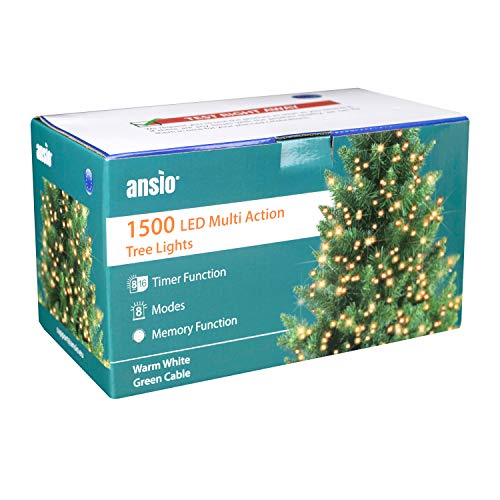 ANSIO Árbol de Navidad Luces 1500 LED 37,5m Blanco cálido Luces interiores/exteriores Decoraciones Luces de cuerda de hadas Alimentación principal 123 pies Longitud encendida Cable verde