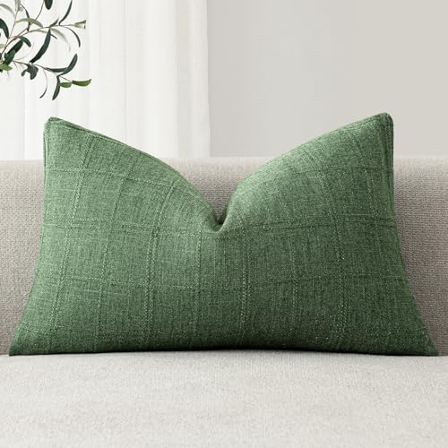 Image of Foindtower Set of 1 Decorative Linen Check Throw Pillow Cover Neutral Farmhouse Lumbar Cushion Cover Modern Boho Accent Home Decor for Sofa Chair Couch Bedroom Living Room,12x20 Inch,Forest Green