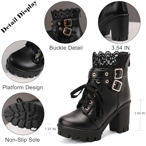 Image of MEOTINA Goth Platform Boots Combat Boots Chunky Heel Ankle Booties for Women Punk Buckle Gothic Boot with Zipper Lace Up Dress Shoes Black /White