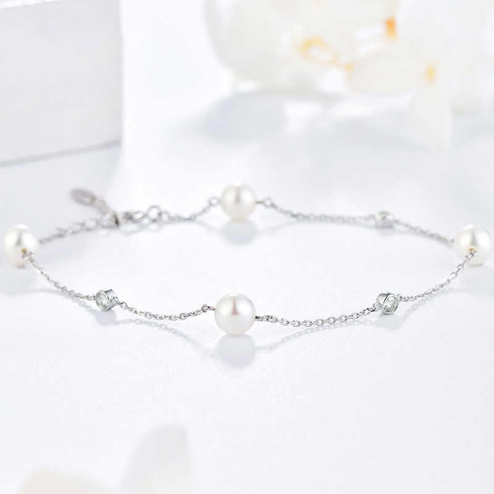 Armbänder 9K/14K/18K Weißgold Echte Goldschmuck, Weiß Perle 5.5-6mm Armreifen Rundschliff, Moissanit Armreif Damen 18/14/ 9 Karat Gold