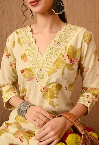 Image of Amazon Brand - Tavasya Women Cotton Anarkali Kurta Pant Dupatta Set | Printed Ethnic Suit Set | Flared Anarkali Kurta with Pant & Dupatta | Festive & Casual Wear