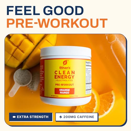 Image of Ethan's Feel Good Pre-Workout & Hydration Drink Mix, 200mg Plant-Based Caffeine, Electrolytes & Adaptogens, Vegan Organic - Orange-Mango, 30 Servings