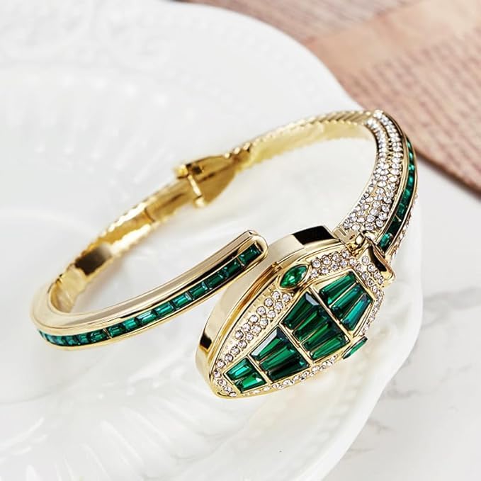 Image of Women's Gold Bracelet Watch | Snake Coil Cuff Style | Crystal Studded Oval Dial | Elegant Jewellery Watch for Women & Girls | Party, Wedding & Festive