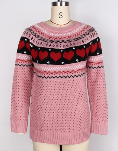 Image of Women's Fair Isle Pullover Sweaters Long Sleeve Crewenck Loose Casual Cute Heart Valentine Sweater Pink Small