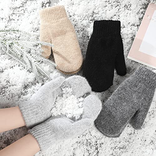 image for Hicarer Winter Knit Mitten Gloves 4 Pairs Warm Fleece Lining Mittens D