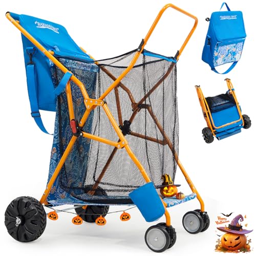 Old Bahama Bay Beach Cart with Large Wheels for Sand, Wide Wheelbase Beach Wagon with Insulated Cooler Bag, Body Board and Umbrella Holder | 100lb Capacity