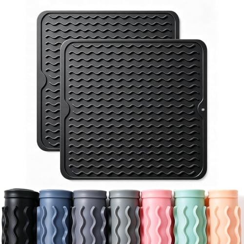 Image of 2 Pack Caketime Silicone Dish Drying Mat for Kitchen Counter Under Sink Protector Organizers Cooking Baking Espresso Machine Accessories Coffee Mats Appliance Stone Rack Trays Drain 12 inchx12 inch Black