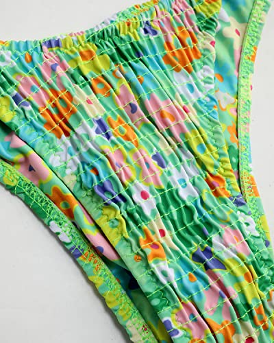 Image of Women's Triangle Bikini Set String Swimsuit Print Tie Smocked Ruched Two Piece Bathing Suit