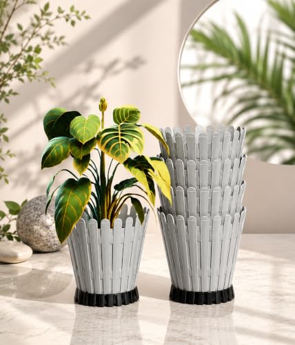 Image of TechHark Decorative Round Planter Pot with Picket Design, Gray with Black Base, 15 cm, Pack of 5