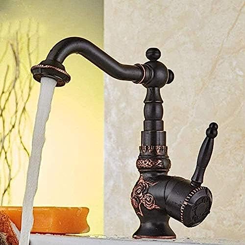 Robinet de cuisine noir sculpté HLTYGWX | Mitigeur eau chaude et froide en laiton rétro chic