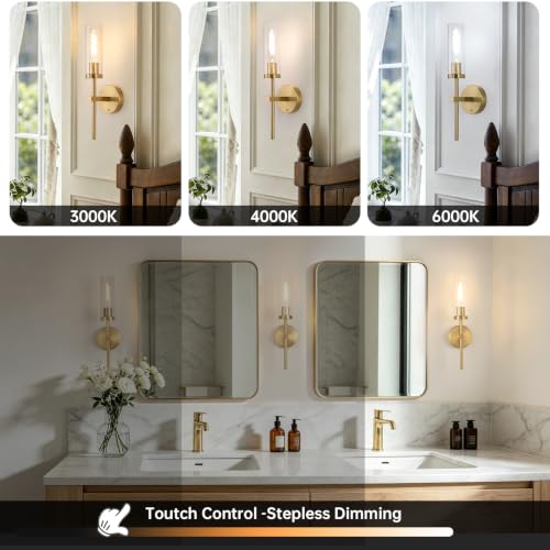 Image of Shenmoyl Battery Operated Wall Sconces Set of 2, Gold Rechargeable Wall Lighting Fixtures, Dimmable Wall Lights with Remote & Clear Glass Shade for Living Room, Bathroom,Bedroom