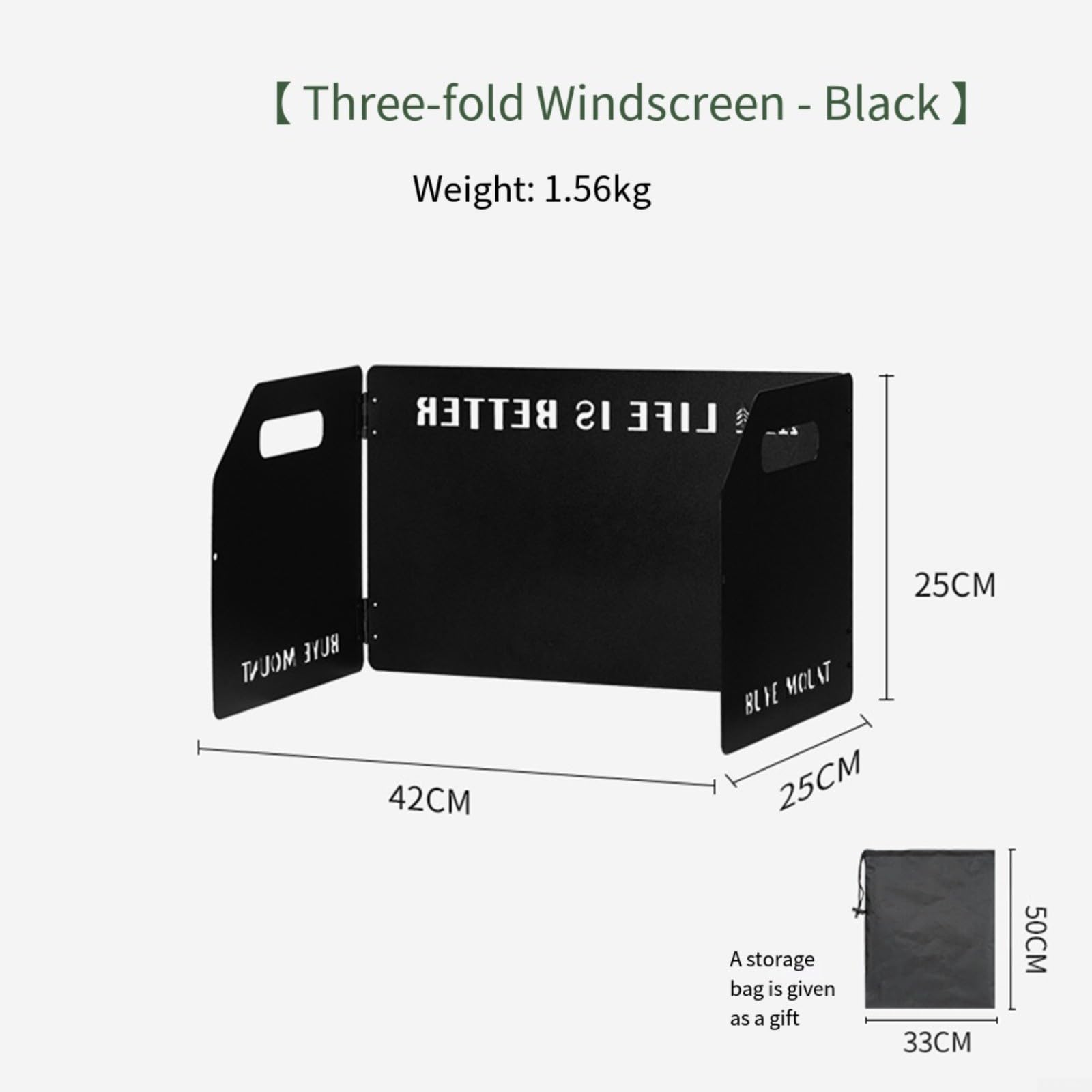 Camping-Windschutz, 3-teilig, faltbar, Aluminium, hitzebeständig, 45 x 35 cm, mit Tasche für Outdoor, Wandern, Grillen, Schwarz (schwarz)