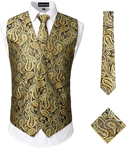 PARKLEES Klassische Herren-Weste, 3-teilig, Paisleymuster, Krawatte, Einstecktuch, Set, Hochzeit, Abschlussball, Party, Weste für Anzug oder Smoking, gold, XXL PARKLEES Klassische Herren-Weste, 3-teilig, Paisleymuster, Krawatte, Einstecktuch, Set, Hochzeit, Abschlussball, Party, Weste für Anzug oder Smoking, gold, XXL