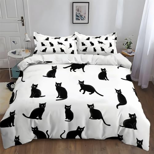Generisch Juego de ropa de cama de microfibra cepillada, 135 x 200 cm, diseño de gato negro, 1 funda nórdica y 1 funda de almohada de 80 x 80 cm, color blanco