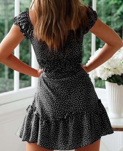 Image of Valphsio Womens Smocked Dress Ruffle Floral Tie Front Boho Short Dresses