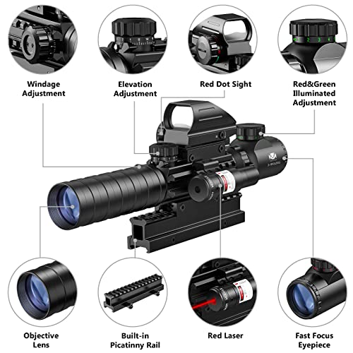 MidTen 3-9x32 Scope Combo with Dual Illuminated Scope Optics & 4 Holographic Reticle Red/Green Dot Sight & IIIA/2MW Laser Sight Rangefinder Illuminated Reflex Sight & 20mm Mount