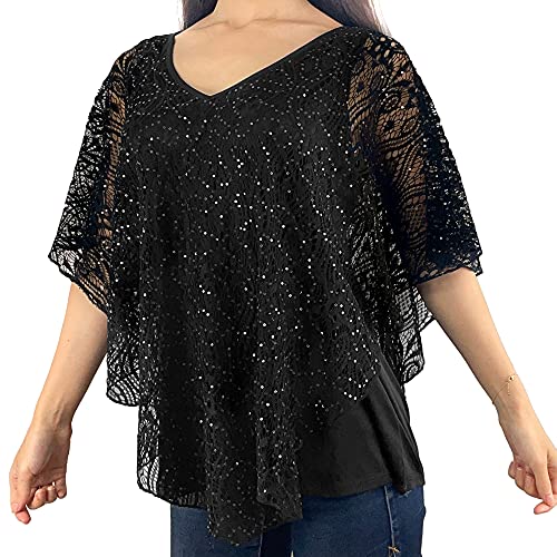 Brittany Black Women’s V-Neck 3/4 Sleeve Lace Poncho Floral Print Knit Blouse