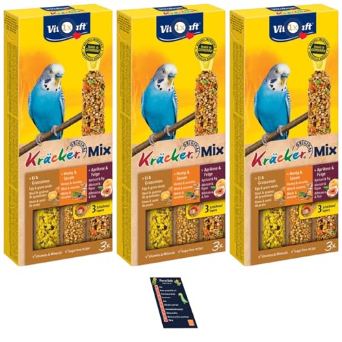 Bundle Budgies Crackers Trio-Mix including Egg, Grass Seeds, Apricot, Fig, Honey, Sesame - Pack of 3 (9 sticks in total - 270g) with Info Card