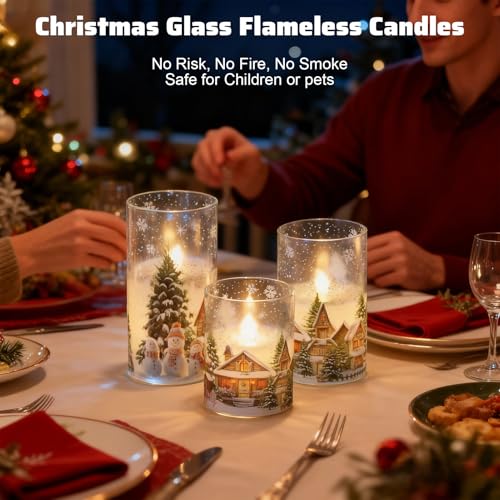 Image of Wondise Chrismtas Snowman Glass Flameless Candles with Remote Timer, Battery Operated Real Wax LED Flickering Pillar Candles with Christmas Tree Decal for Christmas Decoration