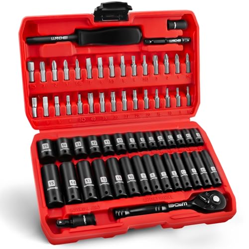 Image of LLNDEI 1 /4 inch Drive Socket Wrench Set, 1 /4-Inch Impact Socket Set Metric(4-15mm) Deep and Shallow 6 Point, CR-V, 63PCS with 72T Ratchet Wrench Handle for Household&Automotive Repairing