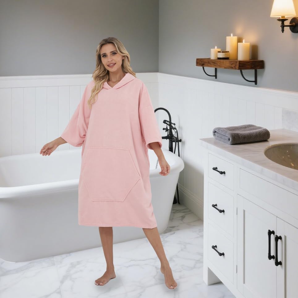 Surf Poncho Hooded Beach Towel, Quick Dry Terry Cloth, Extra Large Changing Robe with Pockets for Adults, Unisex Skin Pink Cover-Up for Swim, Bath, Beach, Gift for Swimmer Lovers - Image 6