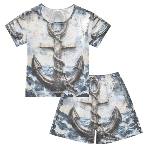 ALAZA Anchor Retro Vintage Pajamas Set Short Sleeve Cotton Sleepwear Summer Pjs 2 Piece 5-14Y