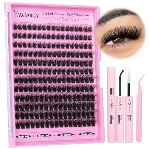 Fluff Lashes Clusters Kit Wispy Individual Lashes 100D Volume Cluster Eyelash Extensions Kit 10-16mm D Curly Lash Extension Kit with Bond and Seal and Lash Tweezers DIY Eyelash Kit by Yawamica