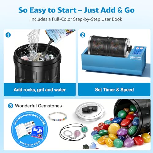 Image of Dual-Barrel Rock Tumbler Kit - 8LB Extra Large Capacity (4LB x 2), Brushless Motor & Heavy Metal Base, 3 Speeds & 9-Day Timer, Rock Polisher for Adults & Collectors, Full Accessories Included