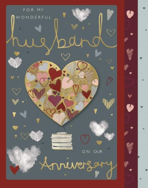 ICG Wonderful Husband Large Luxury Handfinished Boxed Anniversary Card - Love Heart Hot Air Balloon with Foil and Embellished Finish