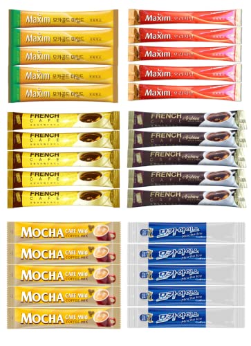 Instant Coffee Mix Packets Single Serve - Korean Variety Coffee Sampler 30 Sticks Of 6 Different Flavors Assortment Maxim Mocha White Mocha Hazelnut Original Maxim French Café Total 30 Count #TOP1