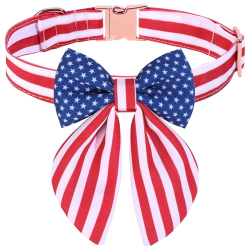 NCMAMA 4th of July Dog Collar with Bow Independence Day American Flag Dog Collar Adjustable with Metal Buckle Star & Stripes Patriotic Dog Collar for Small Dogs (Red White Blue Small)