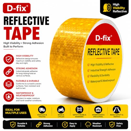 Image of D-fix High Intensity Radium Reflective Tape - 5 Meters in Length - 48mm / 2 inch Width - 1 Roll Per Pack - Car Bike and commercial vehicles Conspicuity reflective warning Tape Reflective tape (Yellow)
