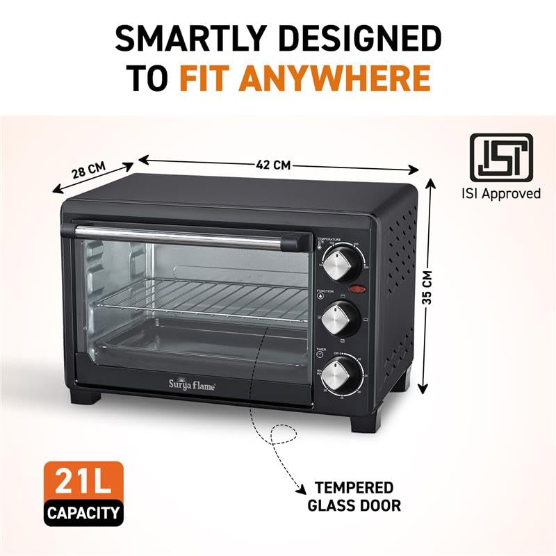 Image of Surya Flame Oven Toaster Griller With ISI Marked (OTG) - 21 litres, Black, Auto-Shut Off, Heat-Resistant Tempered Glass, Multi-Stage Heat Selection | Bake, Grill, Roast | Easy clean