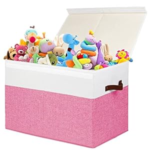 Large Toy Box with Lid, Sturdy Toy Storage Chest Bin Boxes Organizer Basket with Dividers for Toddlers, Kids, Boys, Girls, Nursery, Closet, Bedroom, Playroom 25″x13″ x16″ (Pink and White)