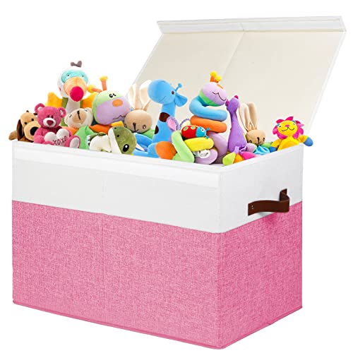 Large Toy Box with Lid, Sturdy Toy Storage Chest Bin Boxes Organizer Basket with Dividers for Toddlers, Kids, Boys, Girls, Nursery, Closet, Bedroom, Playroom 25″x13″ x16″ (Pink and White)
