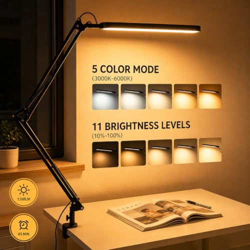 Image of Fulminare LED Table Lamp for Study Room, Adjustable Arm Desk Lamp, 3 Color Modes, 10-Level Dimmer, Eye Care Reading Light with Clamp, Flicker-Free Warm White Light for Students, Home & Office (King)