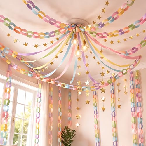 Gleebixi Pastel Birthday Party Decorations Kit with 492ft Crepe Paper Streamers 300 Sheets Paper Chain Strips and 78.6ft Gold Star Garland for Hanging Decor