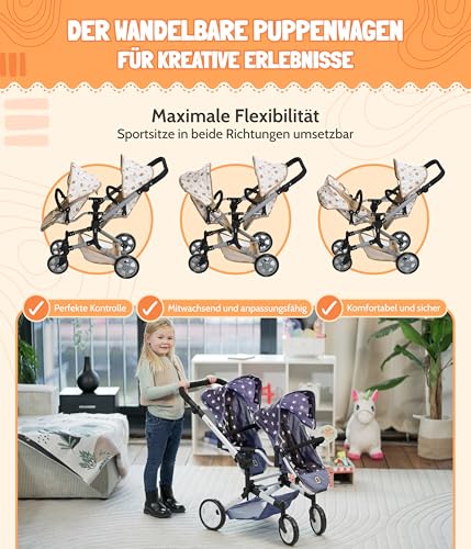 Bayer Chic 2000® Puppenwagen Linus Duo – Bärchen Beige – Faltbarer Zwillingspuppenwagen – Verstellbarer Griff 50-82 cm – Puppen bis 50 cm – 4-8 J. – Bild 3