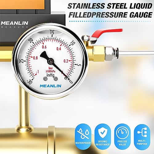 Image of MEANLIN MEASURE -30inHG~0Psi Stainless Steel 1 /8 inch NPT 2.5 inch FACE DIAL Vacuum Pressure Gauge, Center Back Mount, with 1 /4 inch NPT and 3 /8 inch NPT Hex Bushing