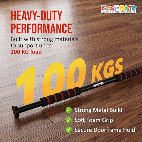 Image of Kidsmate Hanging Rod and Pull Up Bar for Kids | Exercise Rod for Kids & Adults | 100 Kg Capacity | Stretching Bar for Growth, Posture & Exercise | No Drill Installation with Safety Lock - Black