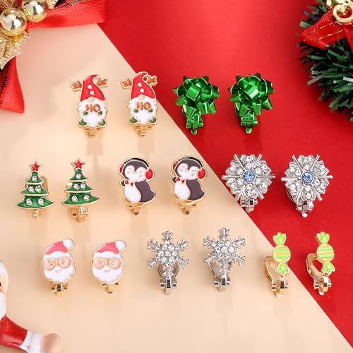 12 Pairs Christmas Thanksgiving Clip on Earrings Set for Teen Girls Women Holiday Earrings Bulk Snowflake Penguin Christmas Tree Bow Gnome Winter Clip Earrings Fall Pumpkin Leaf Earrings Jewelry Gifts2