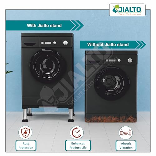Image of JIALTO Universal Washing Machine Stand 5-12Kg| Washing Machine Trolley | Refrigerator Stand For Fridge | Spirit Level | Anti-Vibration Legs | Rubber Pads Load Capacity 350Kg (Double SS Pipe / Black)